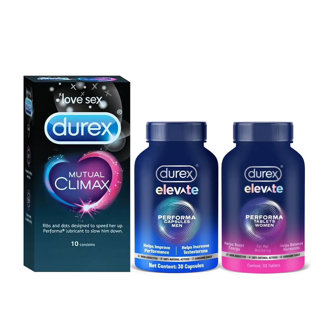 Durex One For All Combo Pack  Mutual Climax Condoms   Elevate Performa Capsules   Elevate Performa Tablets