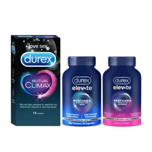 Durex One For All Combo Pack  Mutual Climax Condoms   Elevate Performa Capsules   Elevate Performa Tablets